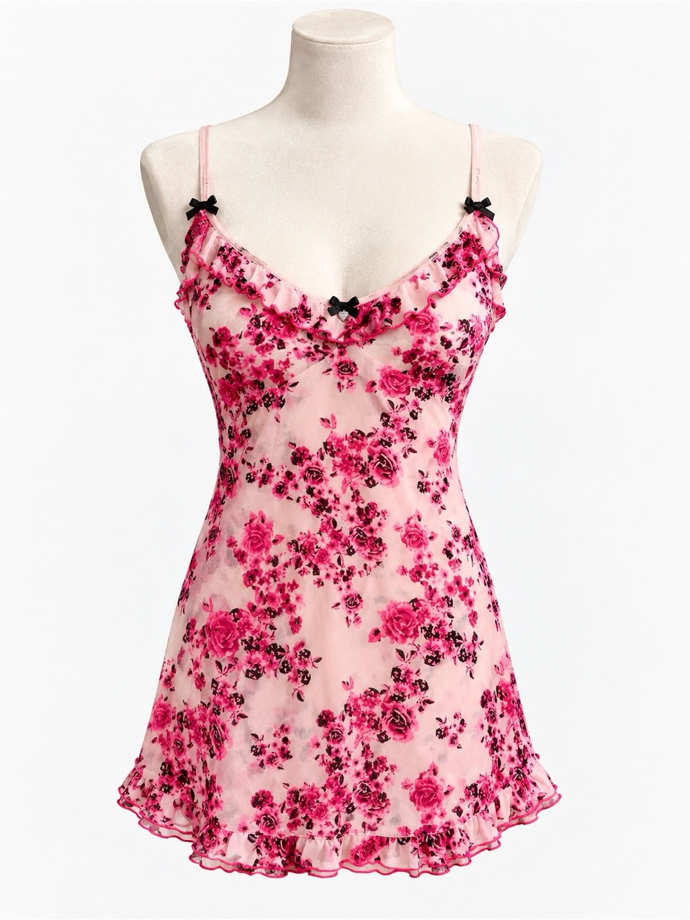 Betsey Johnson Vintage Y2K Nightie Slip Floral Pink Roses Black Sheer Size Small